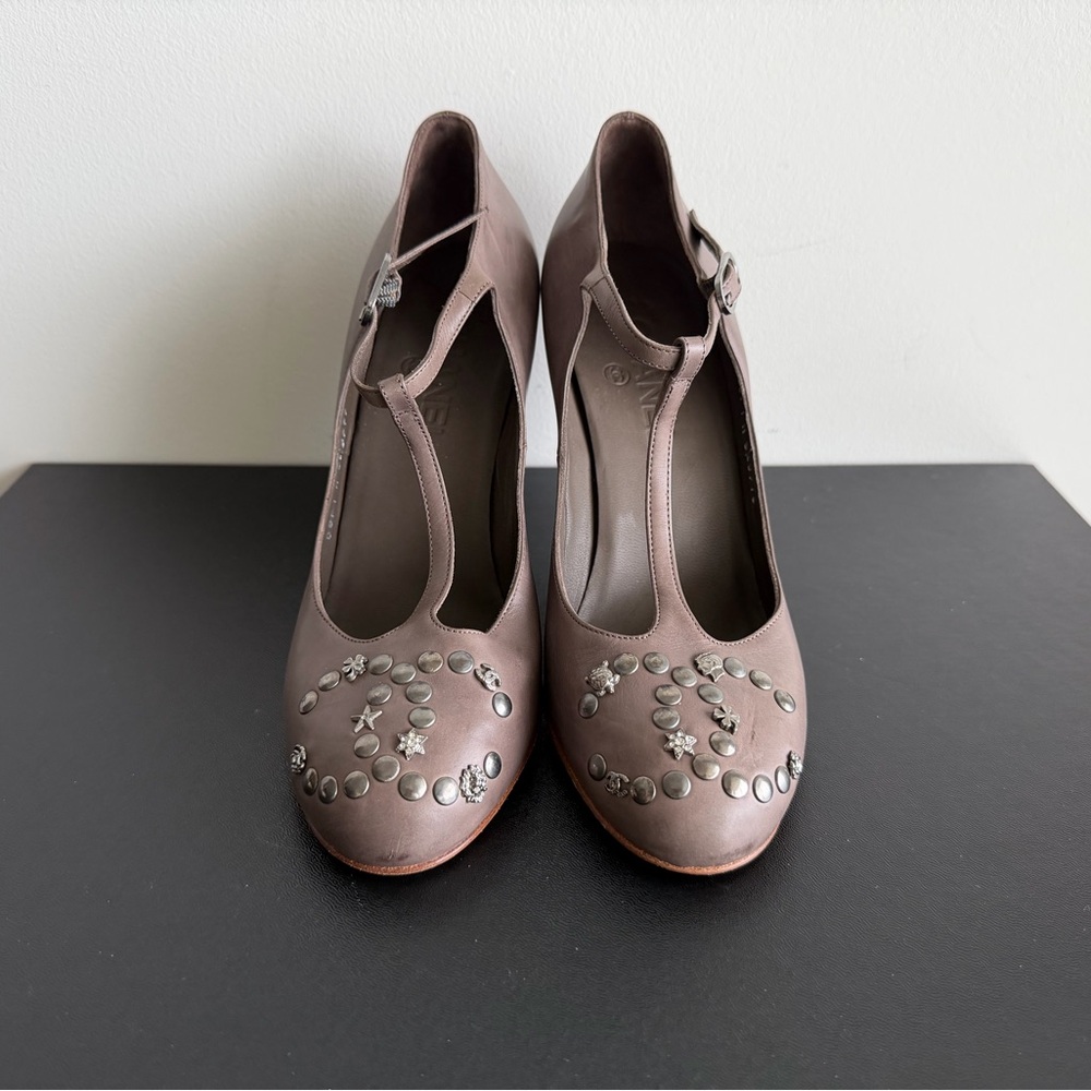 CHANEL Taupe T-Strap Heels with Silver Accents - Authentic